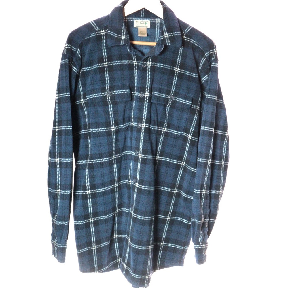 LL Bean Fleece Flannel Shirt Mens Blue Plaid Fuzzy Cozy Warm Winter M Tall
